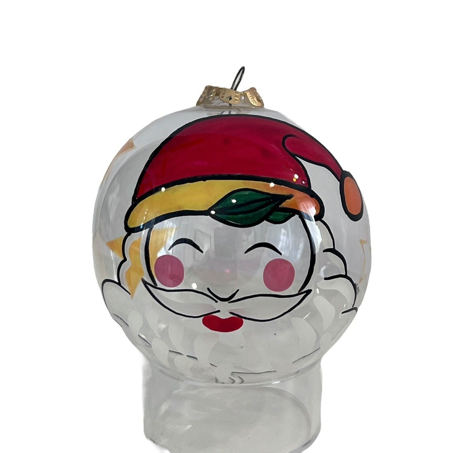 Handpainted Santa Claus Stars Ornament Christmas Holiday Clear Glass Ball Signed