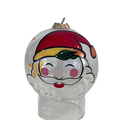 Handpainted Santa Claus Stars Ornament Christmas Holiday Clear Glass Ball Signed