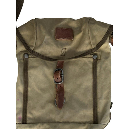 TSD Brand Forest Flap Crossbody Messenger Bag Tan Canvas Brown Leather Trim