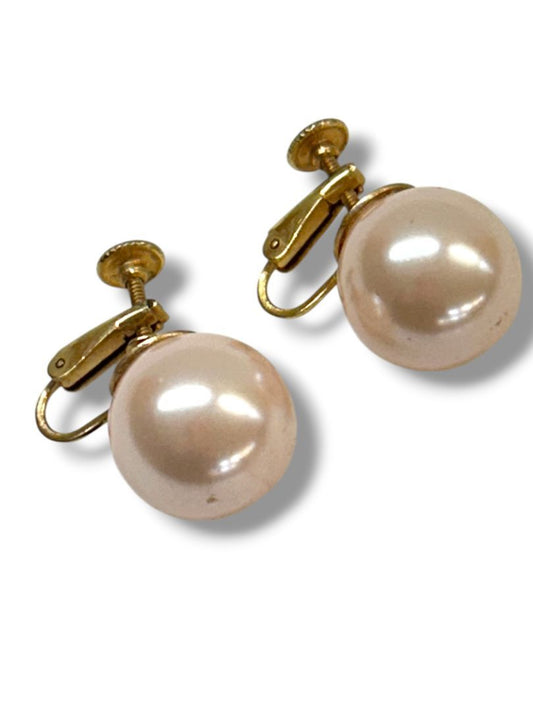 Vintage Marvella Signed Earrings Non-Pierced Screwback Faux Pearl 15mm Blush Pink
