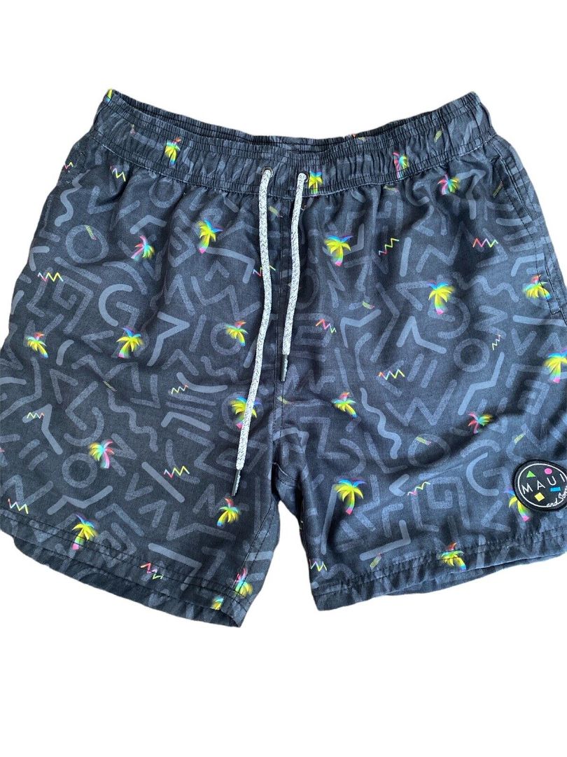 L Maui And Sons Black Retro Swim Trunks 80's Neon Palm Trees