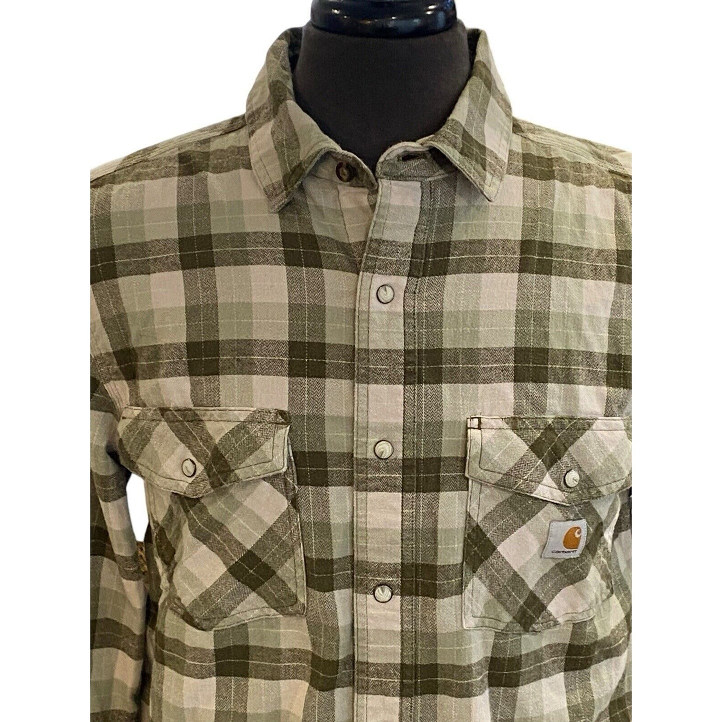 Size Medium Carhartt Flannel Shirt Mens Green Tan Plaid Rugged Flex Pearl Snap
