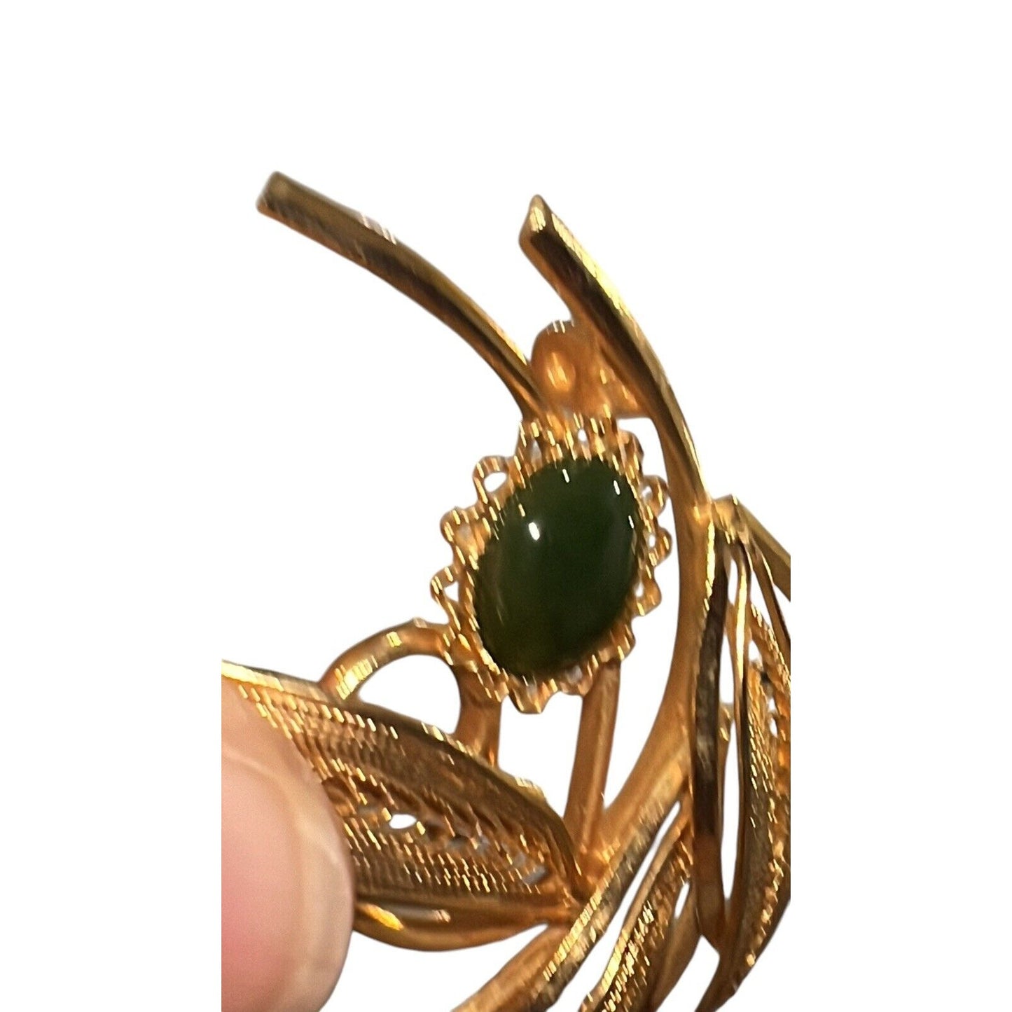 Vintage Nephrite Jade Cabochons Brooch Pin Gold Tone Filigree Leaves Beautiful