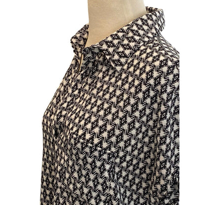 Small Pleione Women's Cap Sleeve Black White Button Up Blouse Slightly Sheer
