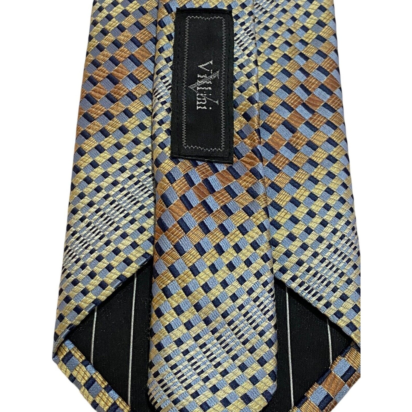 Roberto Villini Geometric Silk Designer Tie Gold Blue Brown EUC