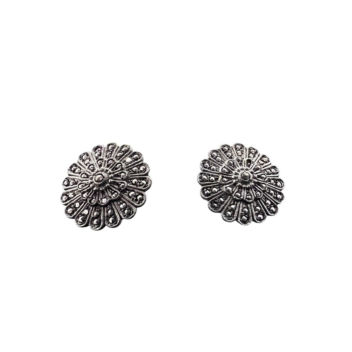 Sterling Silver Round Marcasite Flower Clip On Earrings 3/4”