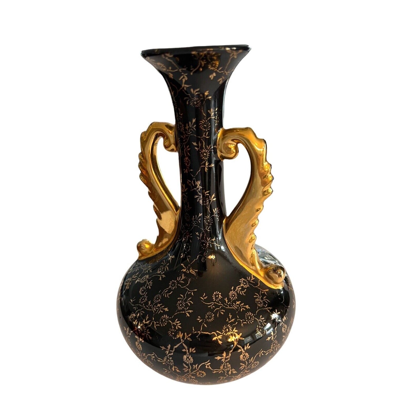 Painted Flowers Double Handled Black Vase With Gold