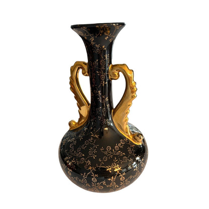 Painted Flowers Double Handled Black Vase With Gold