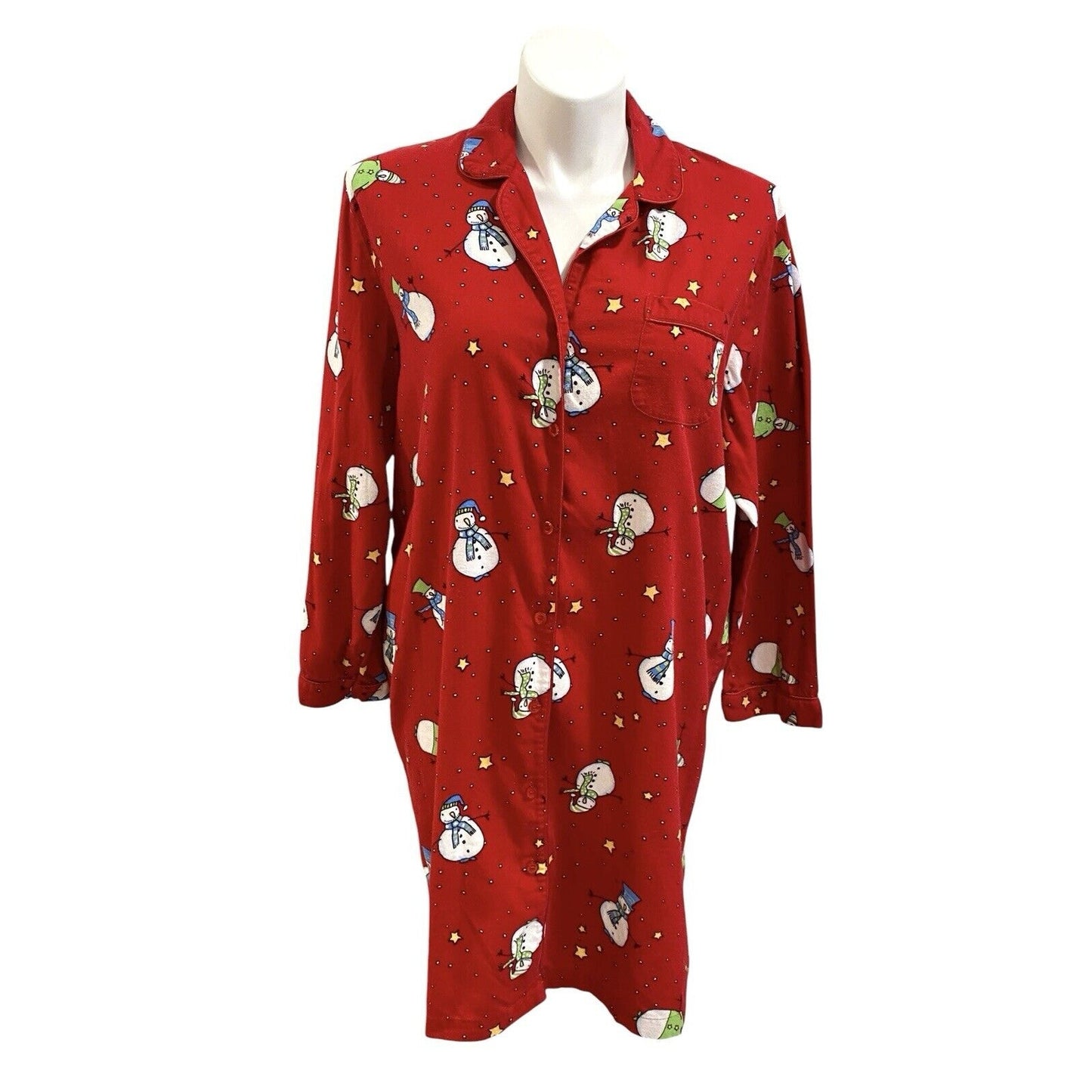 XL Charter Club Flannel Night Shirt Gown Red Snowman Long Sleeve Cotton Women
