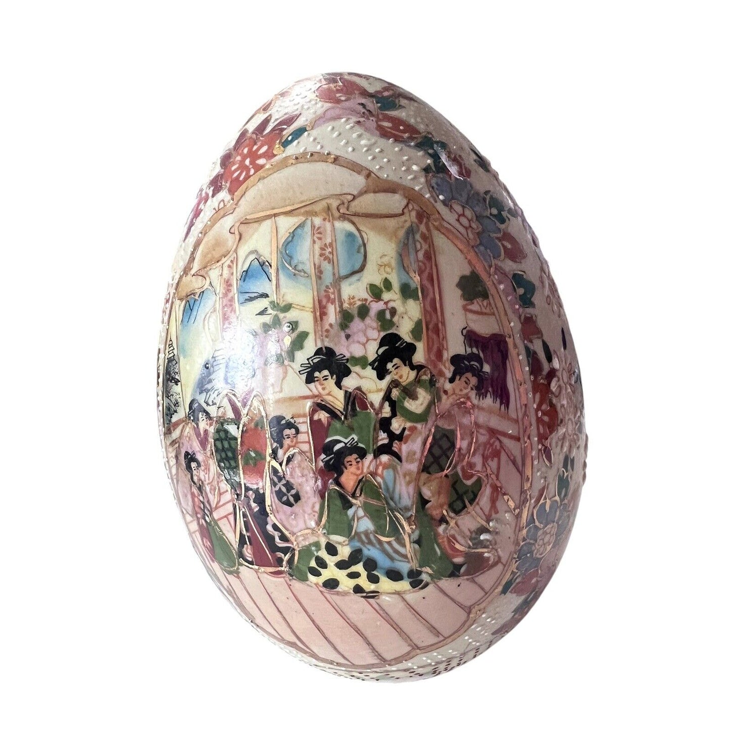 VTG Japanese Porcelain Hand Painted Egg Geisha Flowers Oriental 6 3/4” Tall