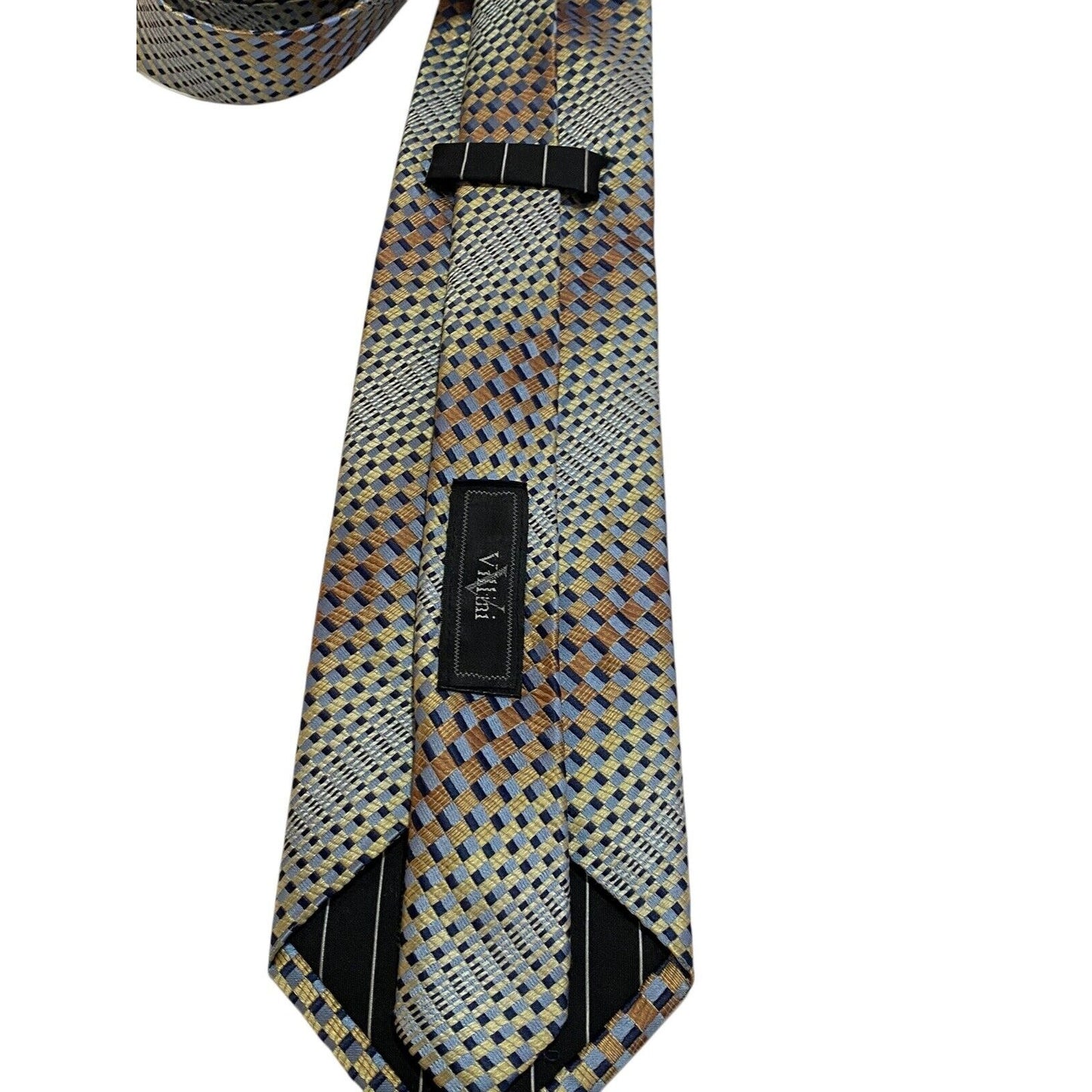 Roberto Villini Geometric Silk Designer Tie Gold Blue Brown EUC