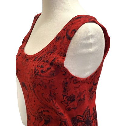 100% Cashmere Red Sleeveless Sweater Tank Top Black Floral Design