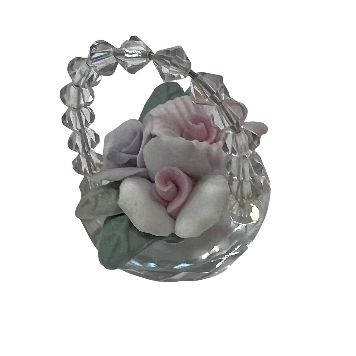 Miniature Crystal Basket Porcelain Roses Pink Purple Spring Easter