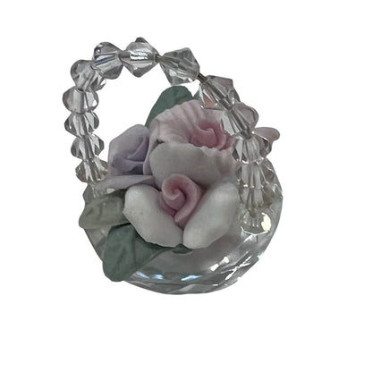 Miniature Crystal Basket Porcelain Roses Pink Purple Spring Easter