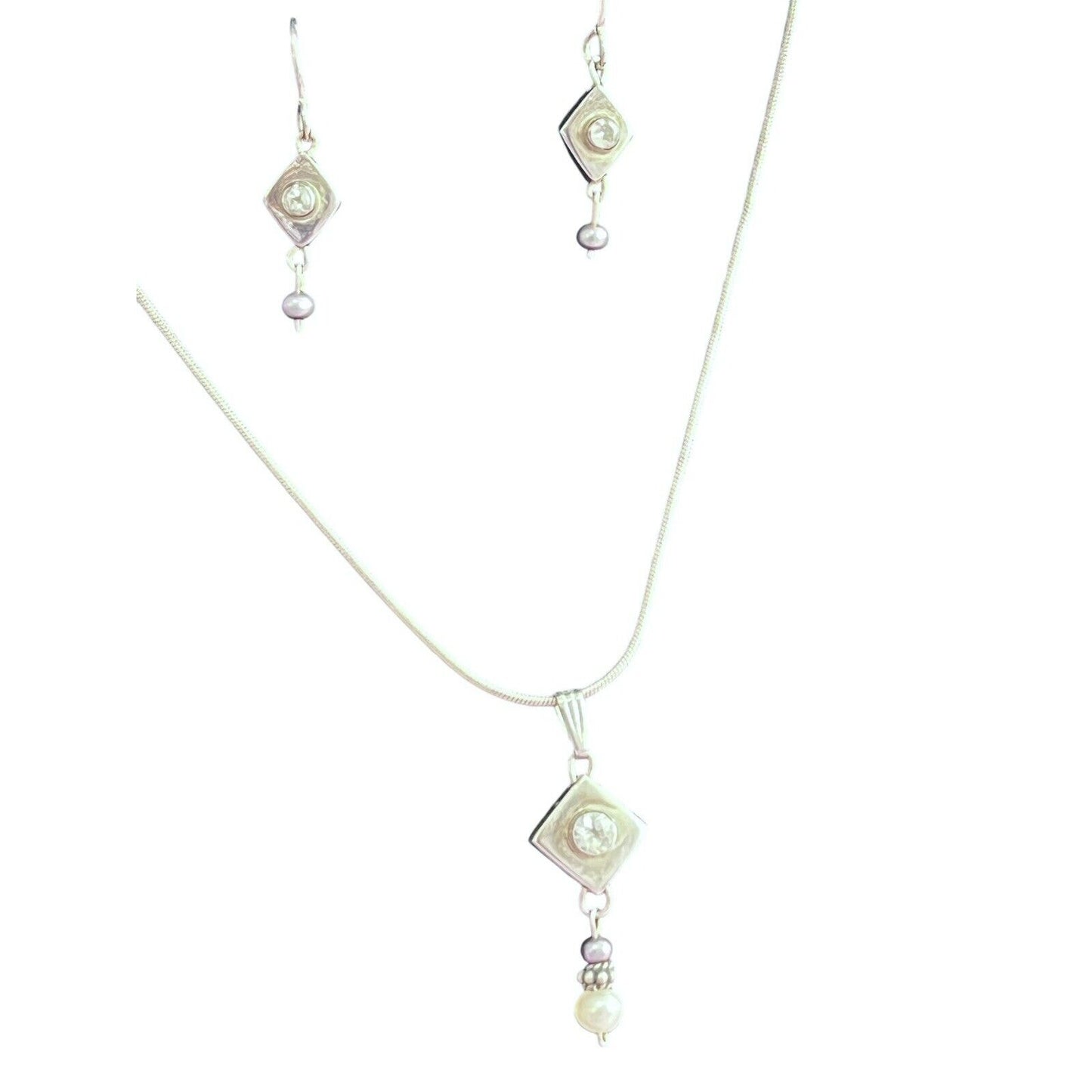 925 Sterling Silver CZ Pendant Necklace Dangle Earrings Set Faux Pearl