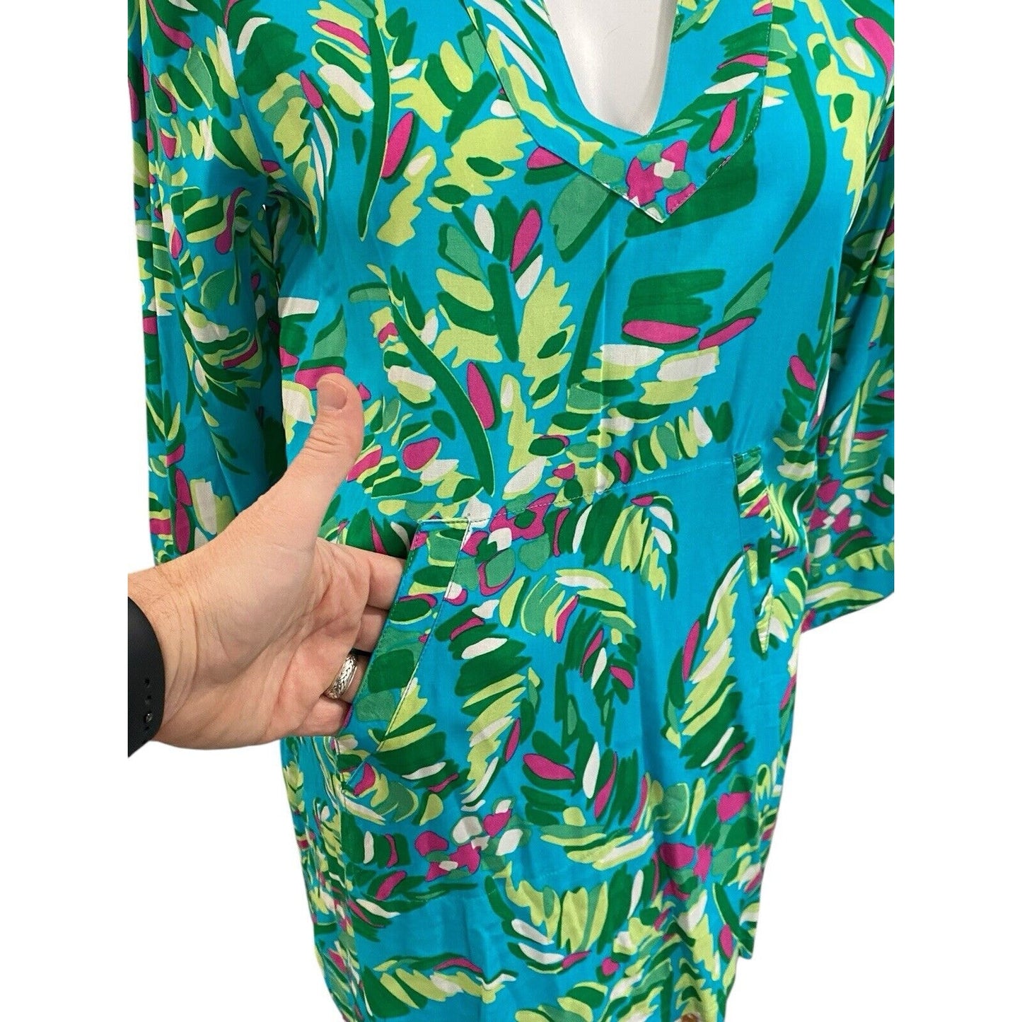 Escapada Living Tory Large Tunic Cover Up Top Aqua Blue Green Palm Tree NWT