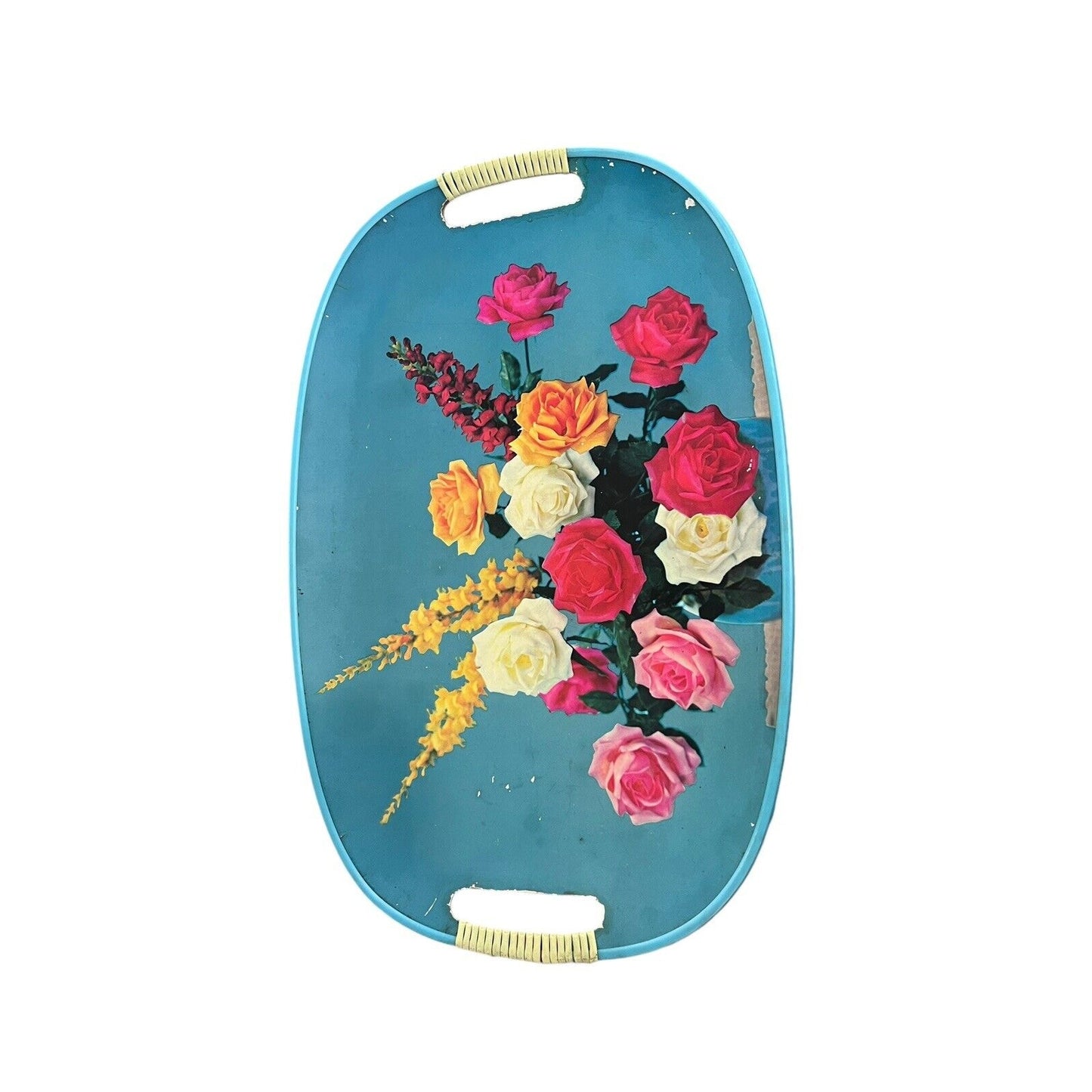 Vintage Serving Tray MCM Floral Roses Wrapped Handles Bouquet Bright Japan