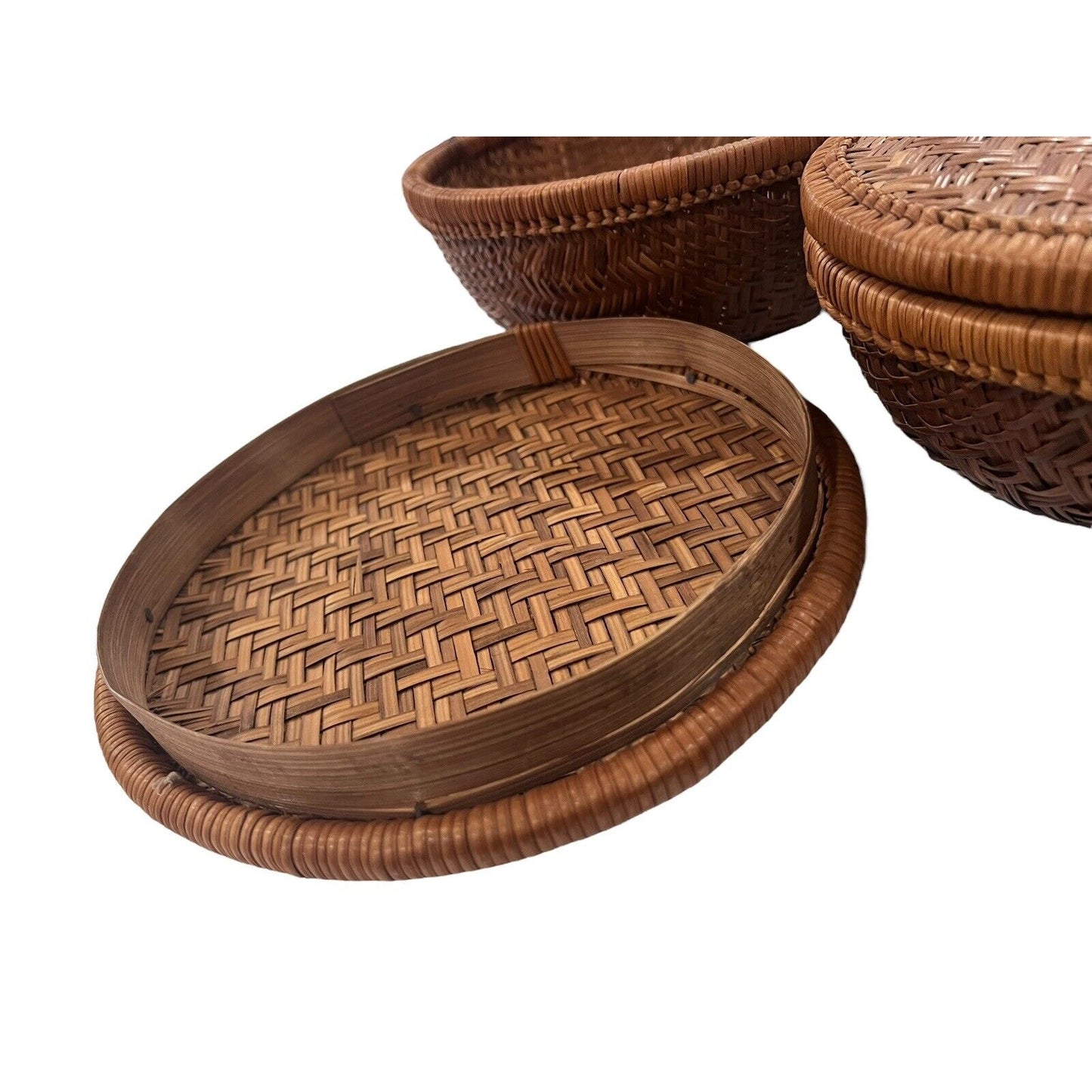 Round Rattan Wicker Fruit Staking Basket with Lid Storage Boho Natural Decor