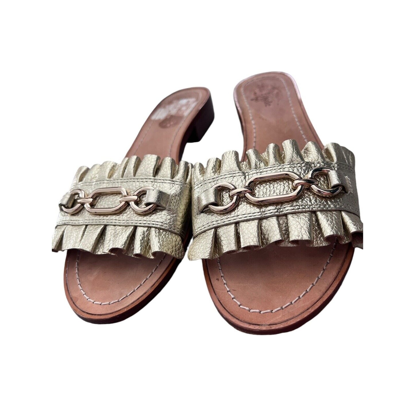 Size 9.5 Kate Spade Ruffle Beau Leather Slide Sandals Gold Chain Preppy Coastal
