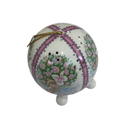 Vintage Ceramic Pomander Scent Ball Pink Angel Cherub Floral Hanging Ornament
