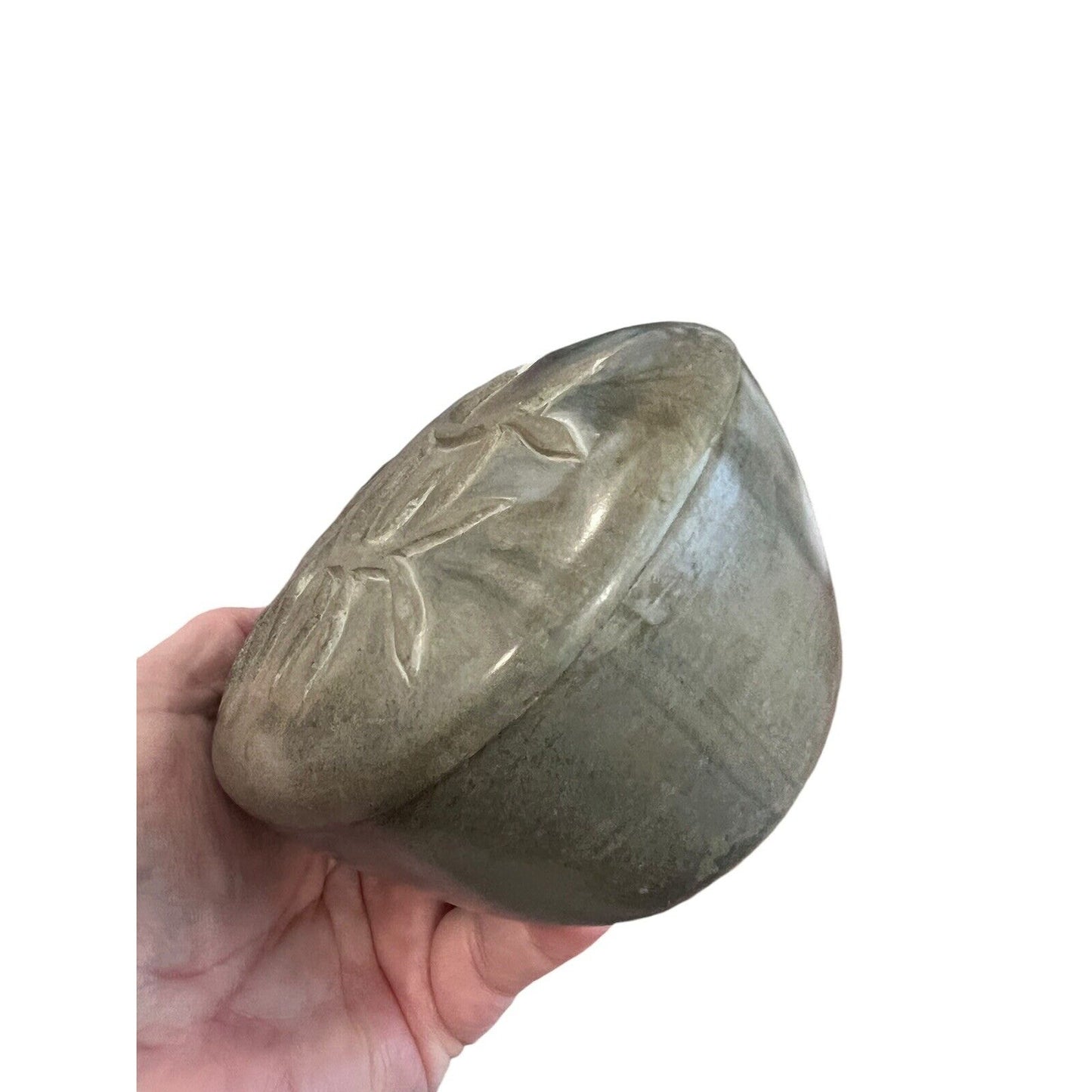 Carved Tree Gray Green Soapstone Lidded Trinket Box Smooth Haiti Soap Dish