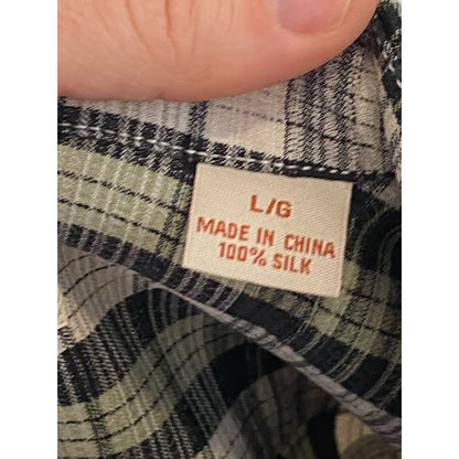 Large Tommy Bahama Button Up Shirt Mens Silk Short Sleeve Plaid Green Black Gray