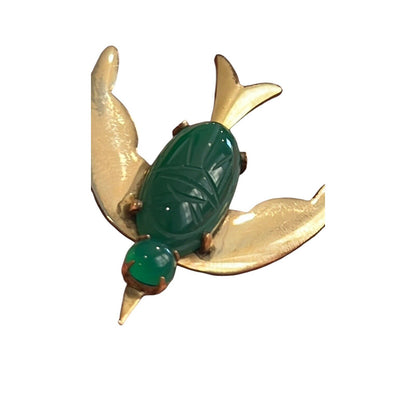 Vintage Wire 1/20 12K GF Jade Cabochon Filigree Bird Brooch Gold Tone