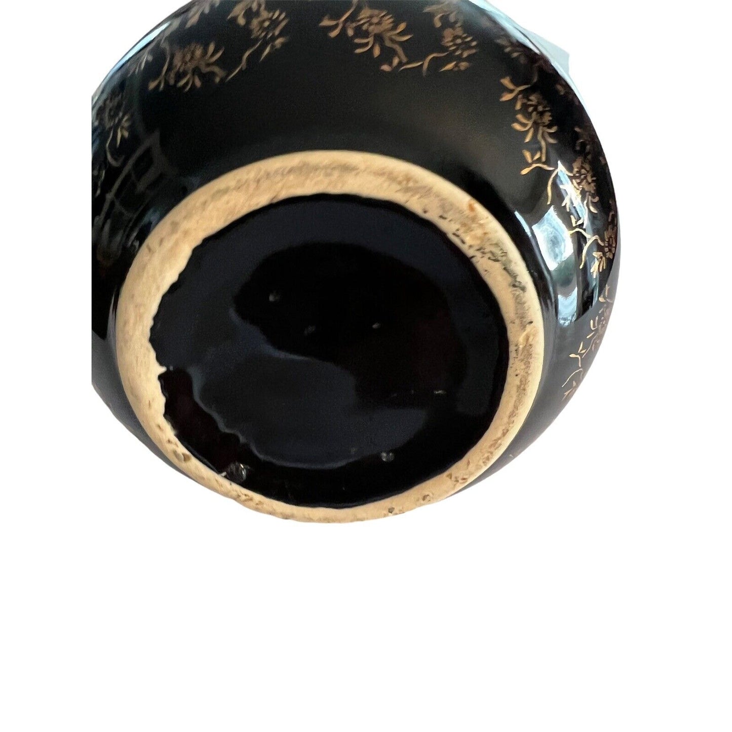 Painted Flowers Double Handled Black Vase With Gold