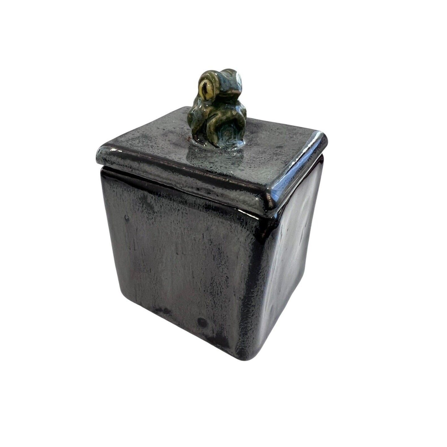 Art Studio Cube Shaped Pottery Trinket Box Glazed Frog Handmade Signed 2” X 2”