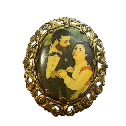 Vintage Signed Western Germany Lady Man Portrait Gold Tone Filigree Brooch