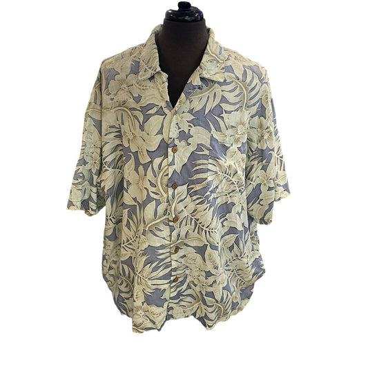 XXL Tommy Bahama Blue Linen Floral Hawaiian Shirt Wood Buttons Cruise
