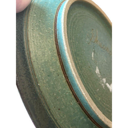 Signed Linda Sheard Pottery Blue Teal Plate Geometric Earth Glaze Handmade