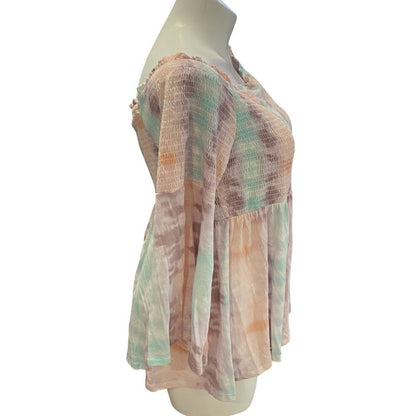 Torrid Womens Plus Sz 1X Tie Dye Babydoll Smocked Off-Shoulder Bell Sleeve Top