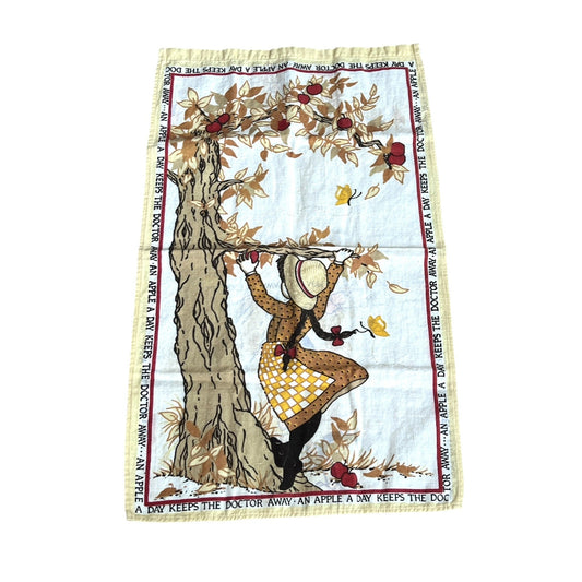 Vtg Cotton Linen Blend 15” x 27.75” Tea Towel Girl Picking Apples Apple A Day