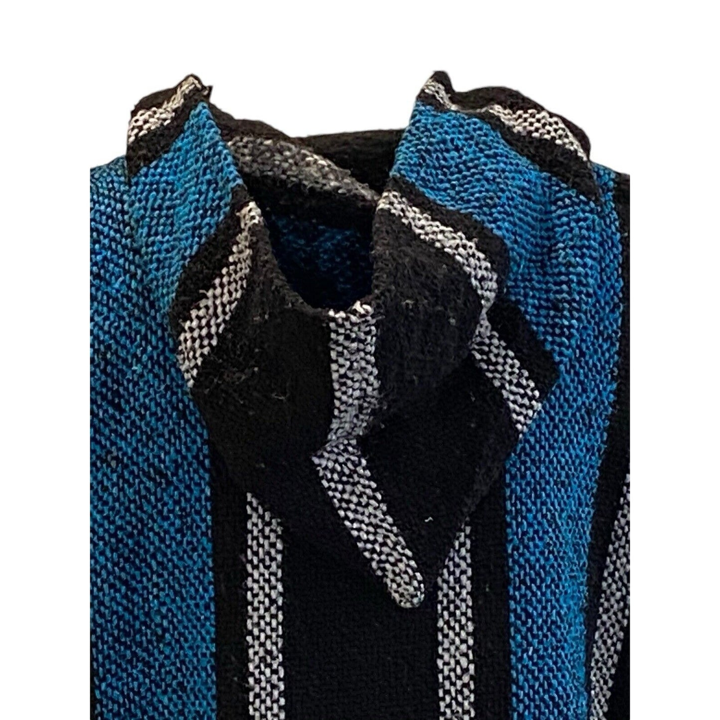 Size L Baja Hippie Poncho Pullover Hoodie Mexican Drug Rug Black Gray Striped