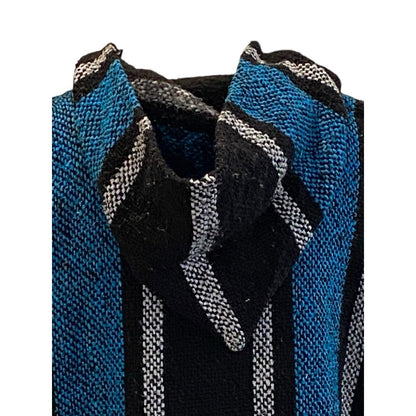 Size L Baja Hippie Poncho Pullover Hoodie Mexican Drug Rug Black Gray Striped
