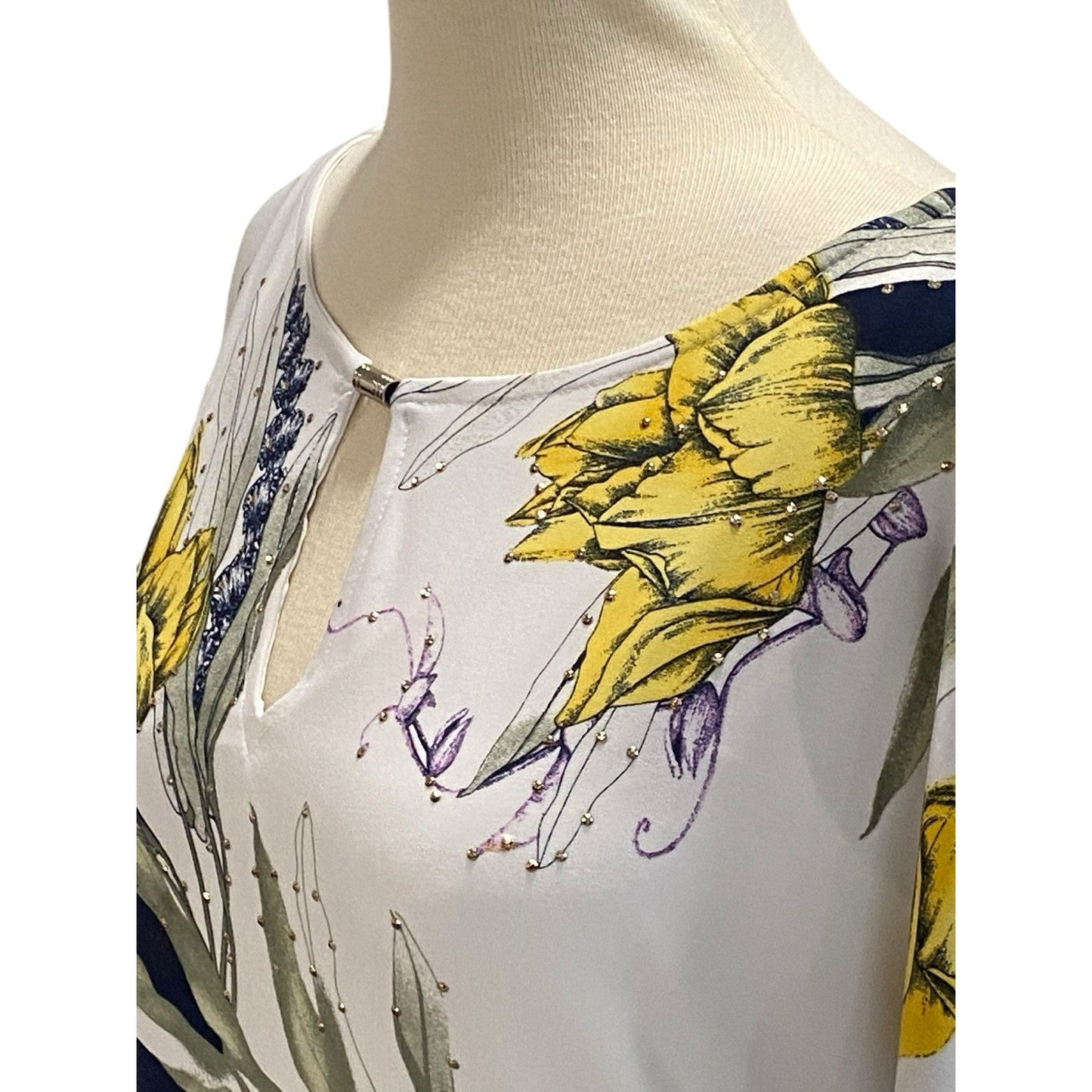 Size Small JM Collection Blue White Yellow Floral Studded Sheath Dress