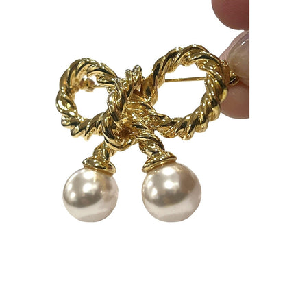 Vintage Gold Tone Faux Pearl Braided Bow Pin Brooch Rope