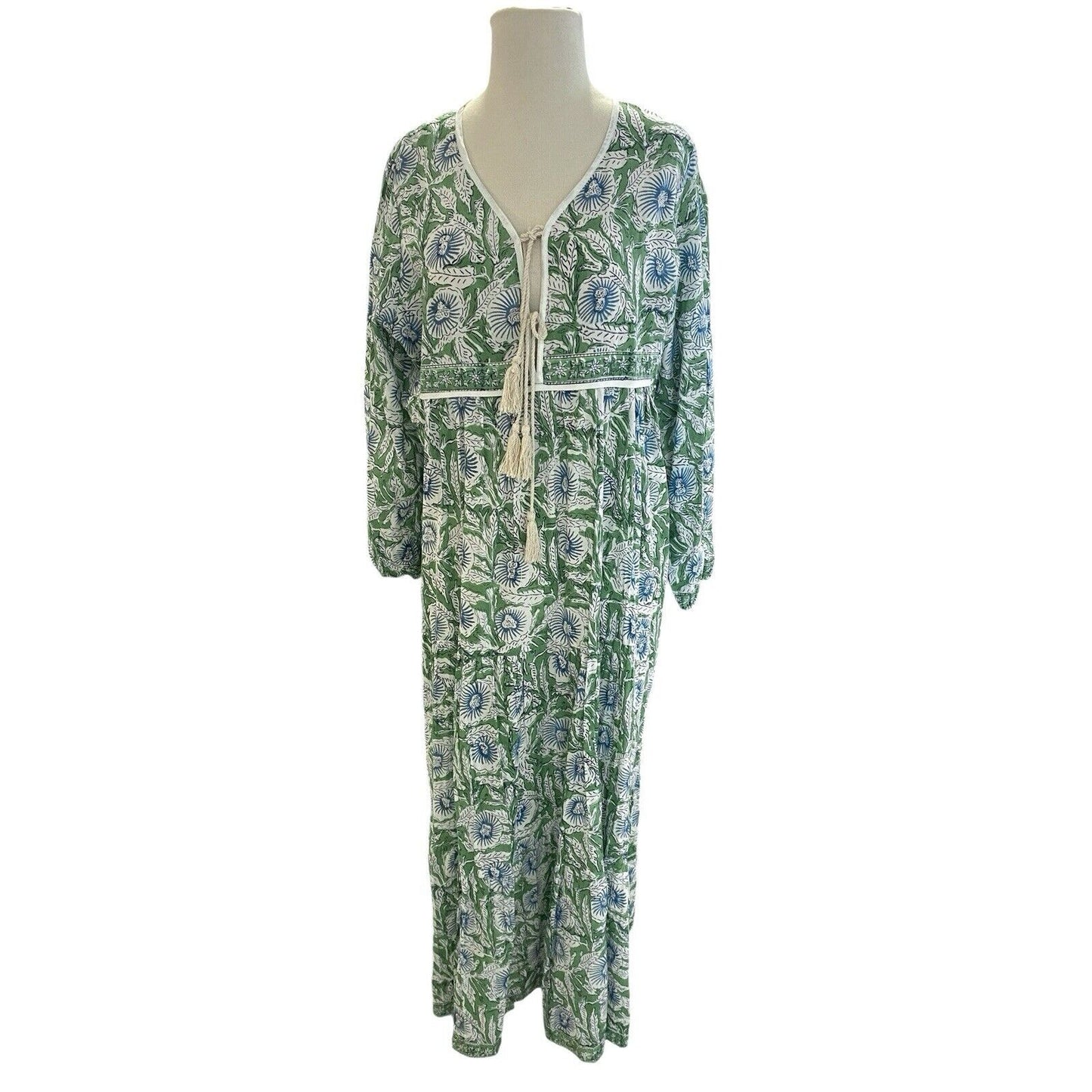 Size XL Karni Cotton Green And Blue Floral Printed Boho Maxi Dress