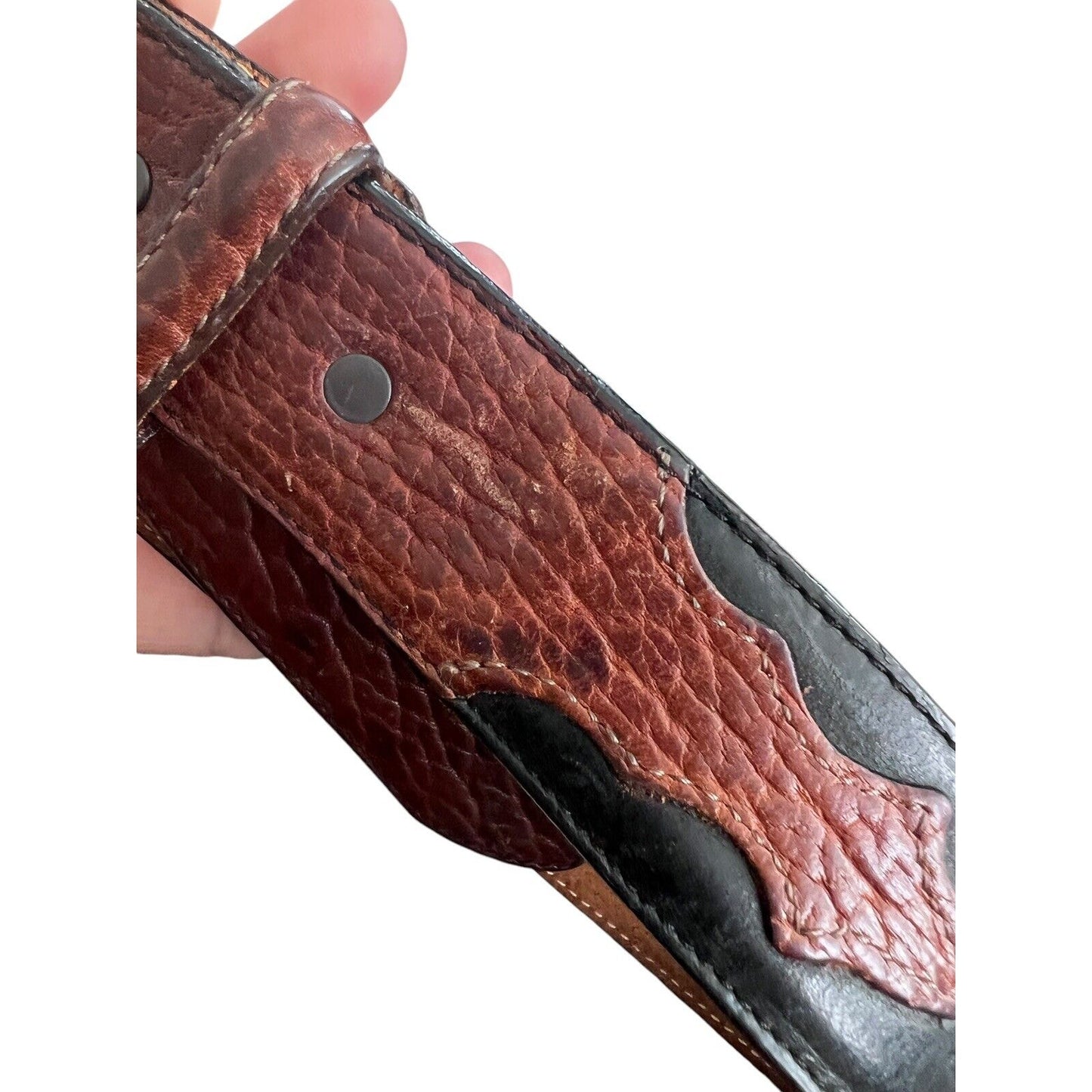 Vintage 1995 JUSTIN Western Black Brown Leather Belt Cowboy Silver Tone Buckle