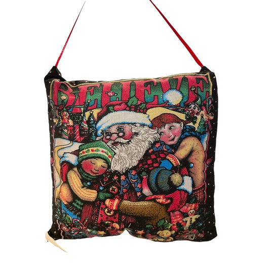 Mary Engelbreit Pillow "Believe" Santa Pillow Door Hanger Christmas Decor