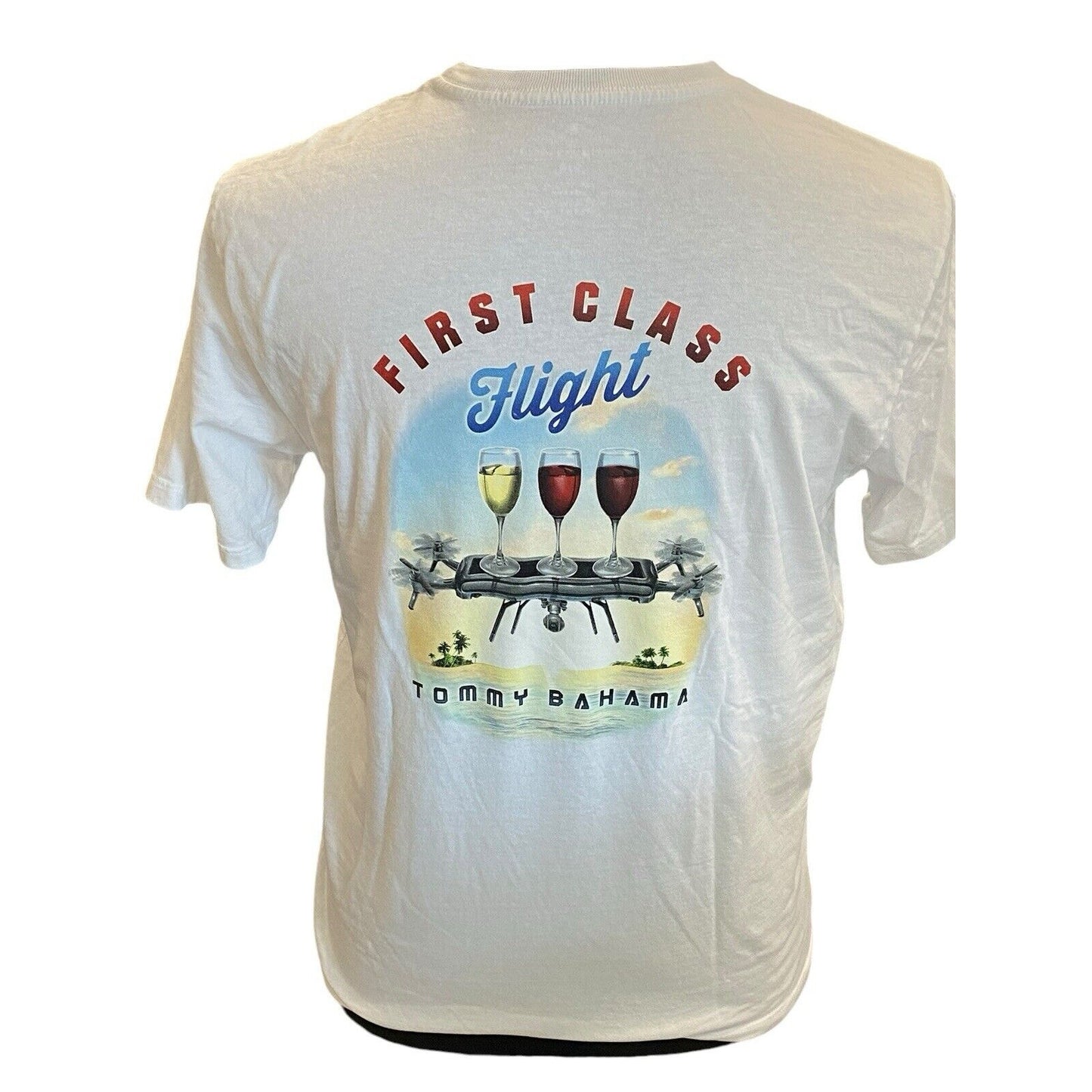 Size Small Tommy Bahama Mens T Shirt White Graphic First Class Flight Wine Top