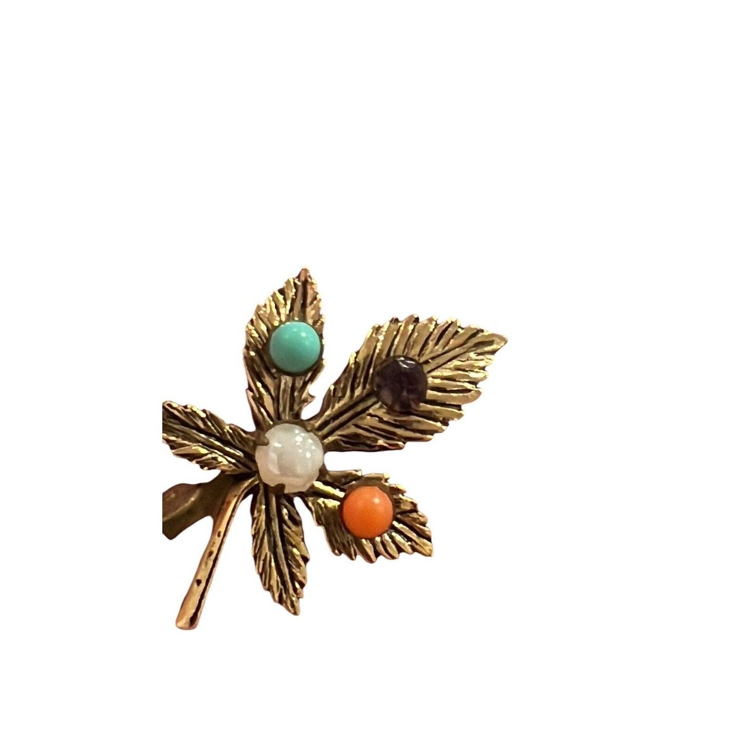 Vintage Gold Tone Leaf Faux Gemstone & Faux Pearl Pin Brooch