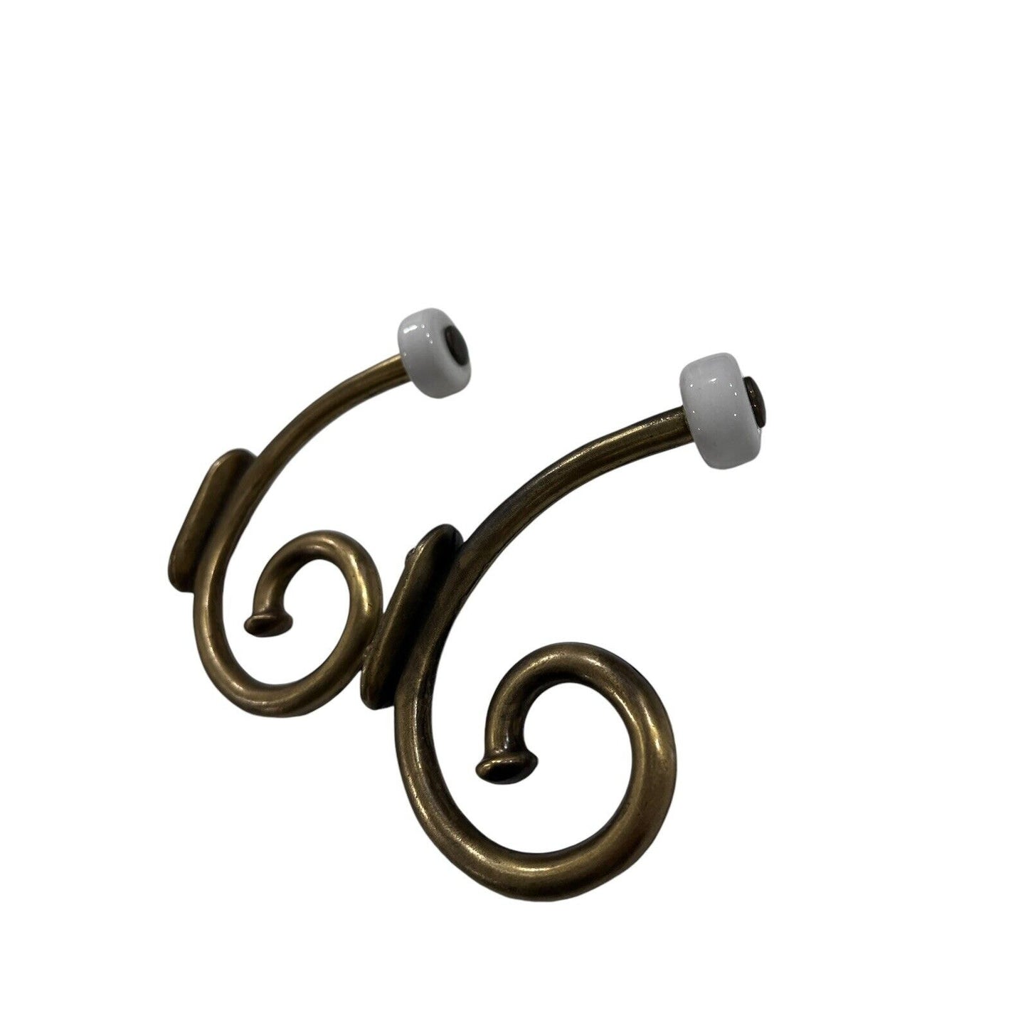 Vintage Brass Hook Rack White Ceramic Knob Coat Hat Towel 5” Scroll Dark Patina