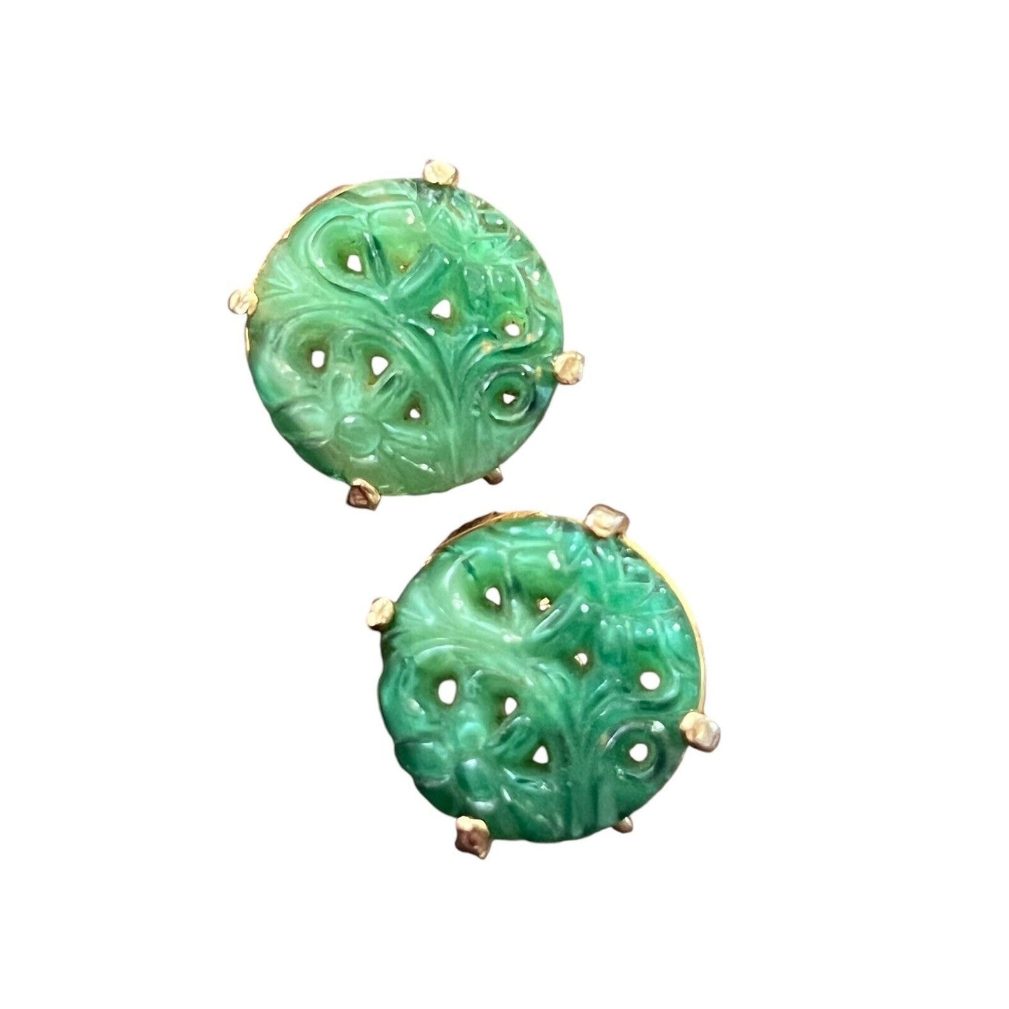 Vintage Gold Tone Faux Jade Green Clip On Earrings Round 1/2” Diameter