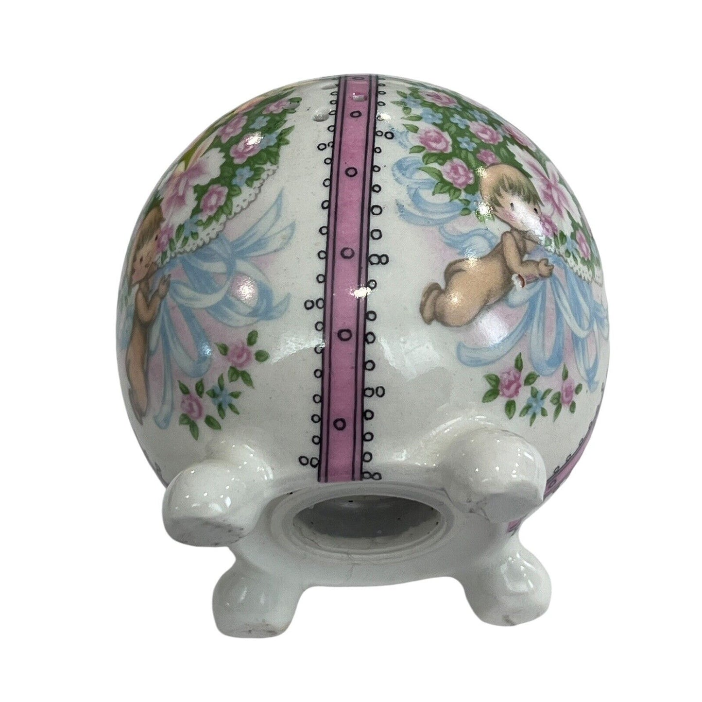 Vintage Ceramic Pomander Scent Ball Pink Angel Cherub Floral Hanging Ornament