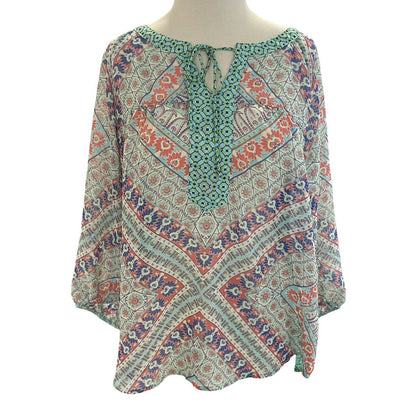 Size M Anthropologie Fig and Flower Floral Lace Boho Peasant Top Blouse Shirt Tu