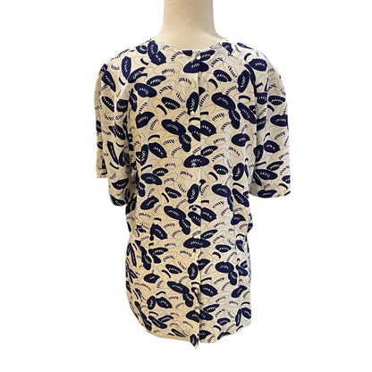 Size 12 Womens 100% Silk Blue Hat Print Fun Pullover Blouse Travel Wear Malouf’s