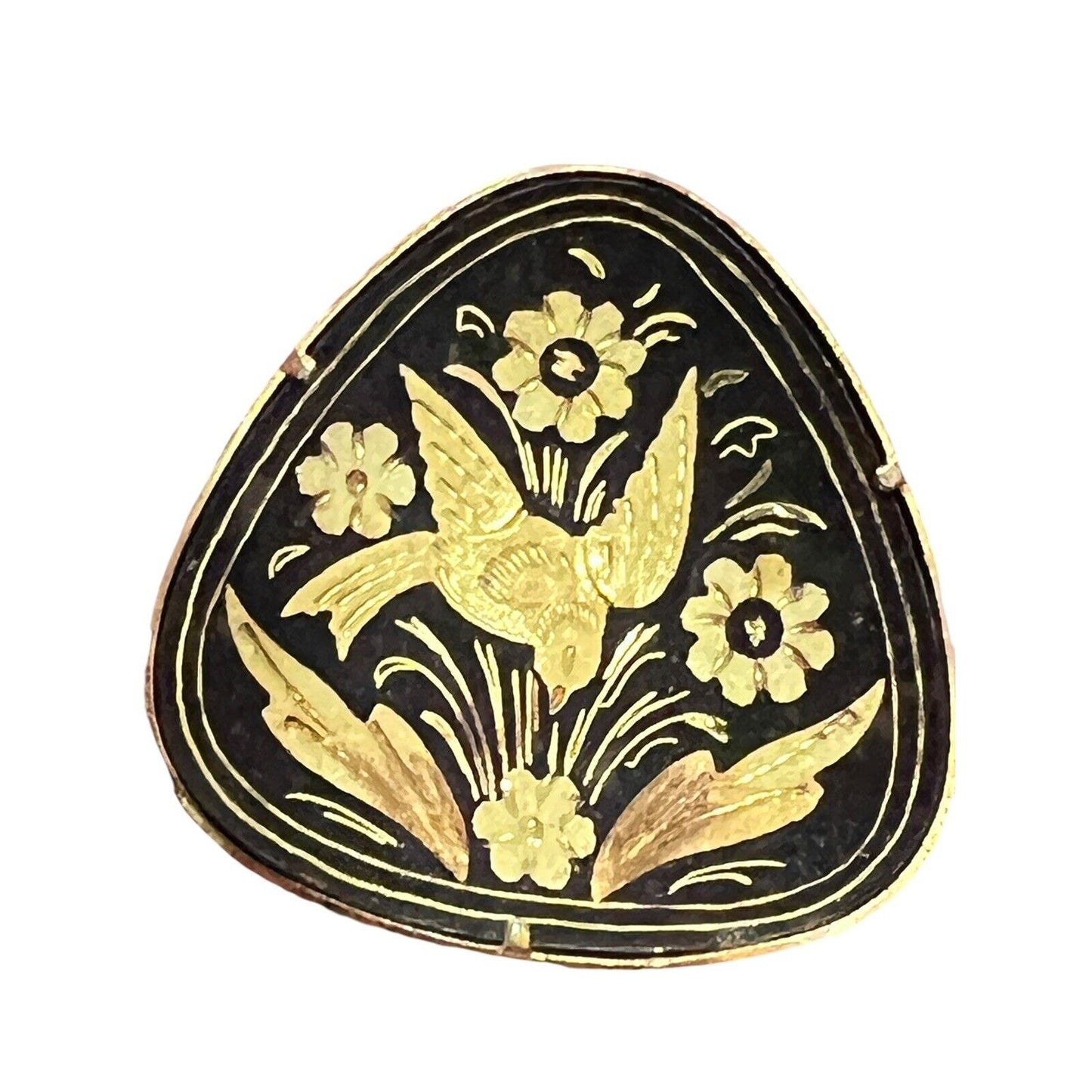 Damascene Brooch Pin Vintage Bird Flowers Gold Black Vtg Trombone Clasp Round