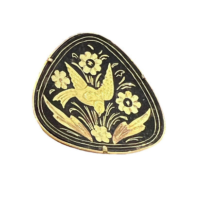 Damascene Brooch Pin Vintage Bird Flowers Gold Black Vtg Trombone Clasp Round